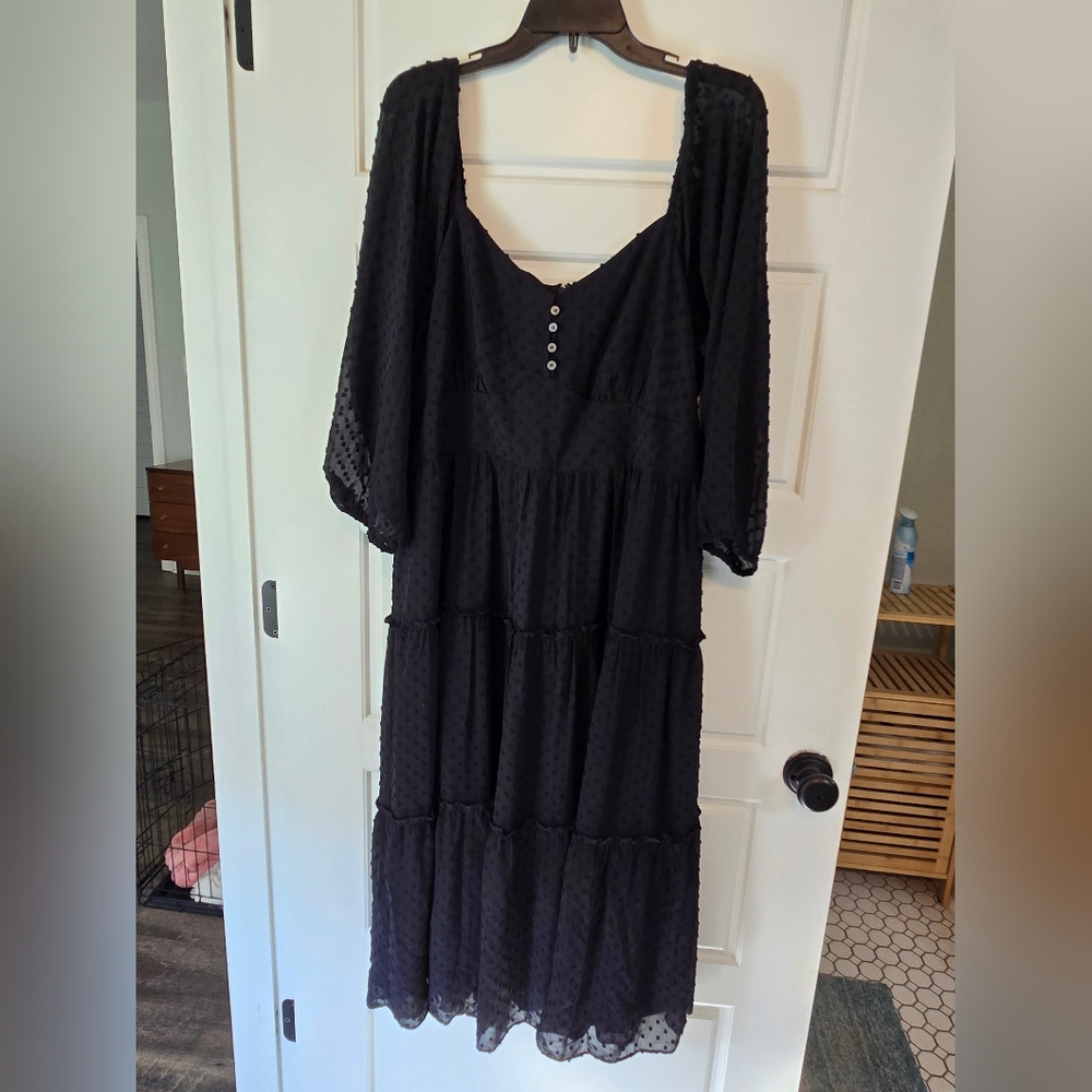 Black Jcrew Midi Dress Swiss Dots Sheer Sleeves